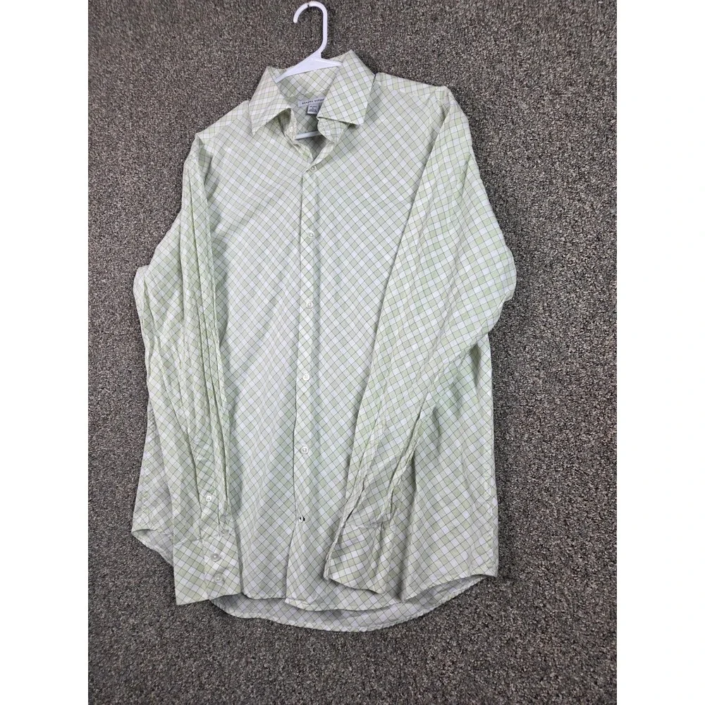 Banana Republic Button Down Mens L Green White Plaid Long Sleeve Dress Shirt